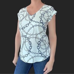 Express top blouse V-Neck chain‎ links White and Blue short sleeve